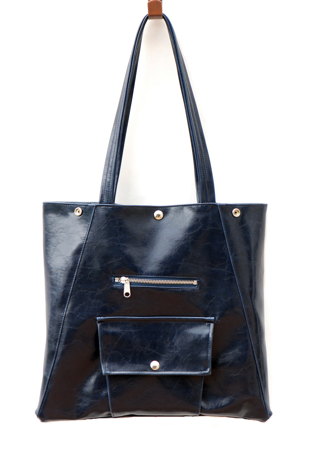 Navy Blue vegan coated canvas large tote bag with pocket and adjustable wide strap made in USA CrystalynKae