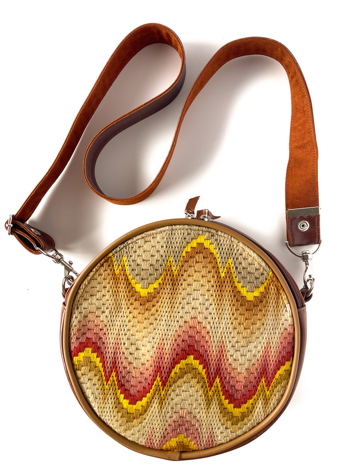 Circle Crossbody Bag With Vintage Fabric - Bargello Needlepoint Embroidery