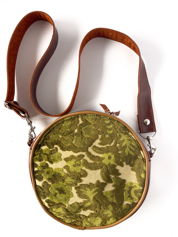 Circle Crossbody Bag With Vintage Fabric - Mossy Green Chenille