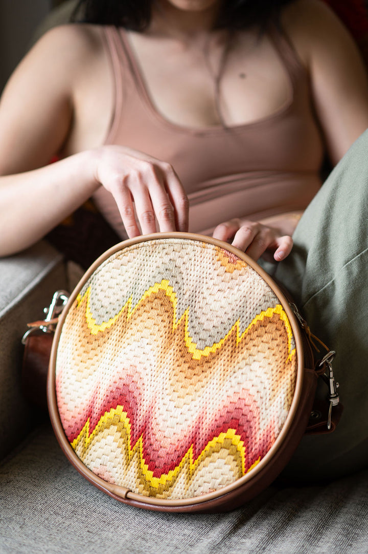 Circle Crossbody Bag With Vintage Fabric - Bargello Needlepoint Embroidery