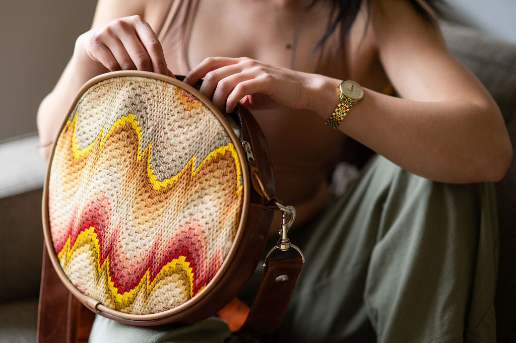 Circle Crossbody Bag With Vintage Fabric - Bargello Needlepoint Embroidery