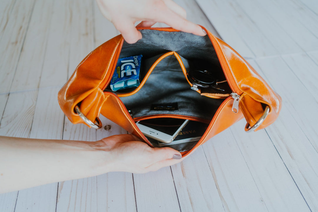 Womens Hobo Purse - Foxtrot Medium Topstitch Hobo Bag - Orange Vegan Leather#color_butterscotch