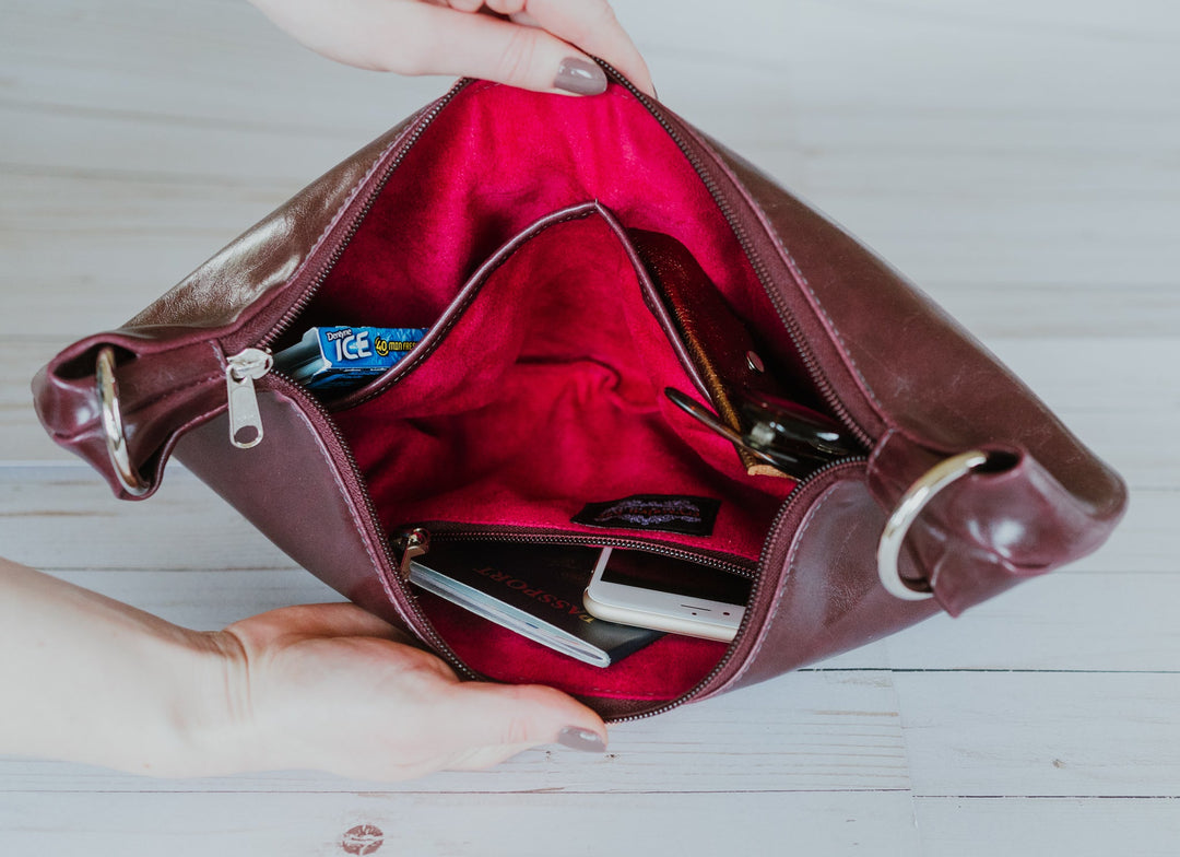 Womens Hobo Purse - Foxtrot Medium Topstitch Hobo Bag - Wine Vegan Leather#color_wine