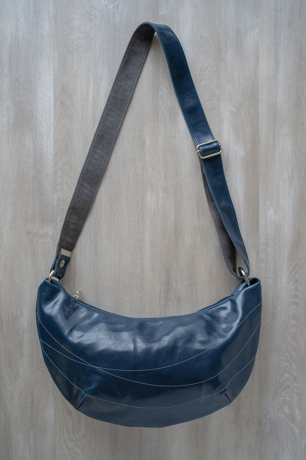 Womens Hobo Purse - Foxtrot Medium Topstitch Hobo Bag - Navy Blue Vegan Leather#color_navy