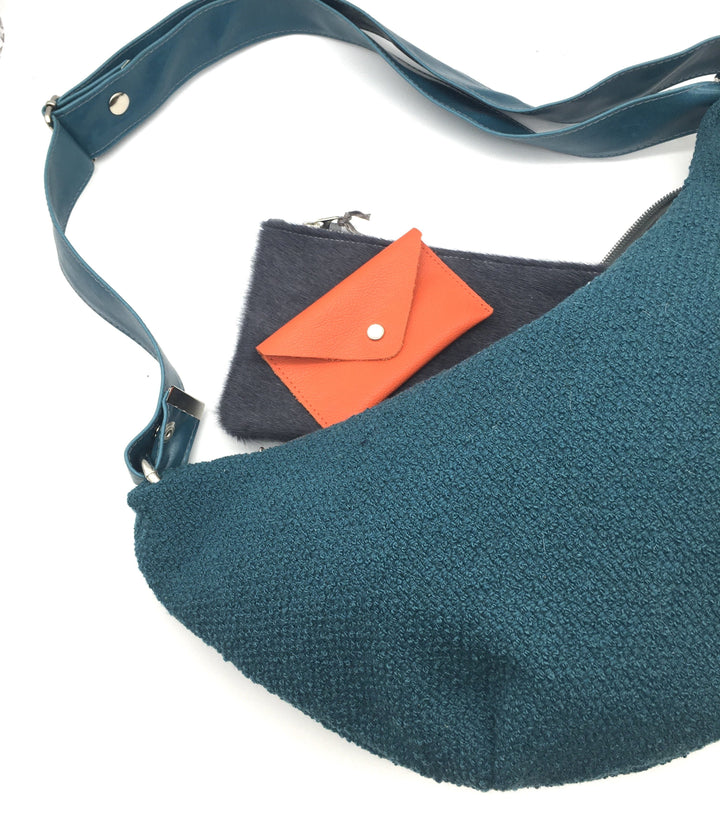 Womens Hobo Purse - Foxtrot Medium Topstitch Hobo Bag Teal Bouclé Fabric vegan made in usa#color_teal-boucle